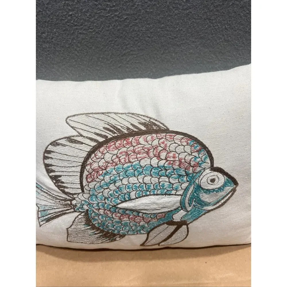 Pier 1 Nautical Beach Embroidery Fish Decorate Pillow 17x12”